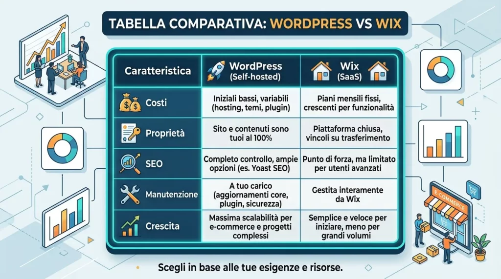 Tabella di confronto WordPress o Wix costi, proprietà, SEO, manutenzione e crescita